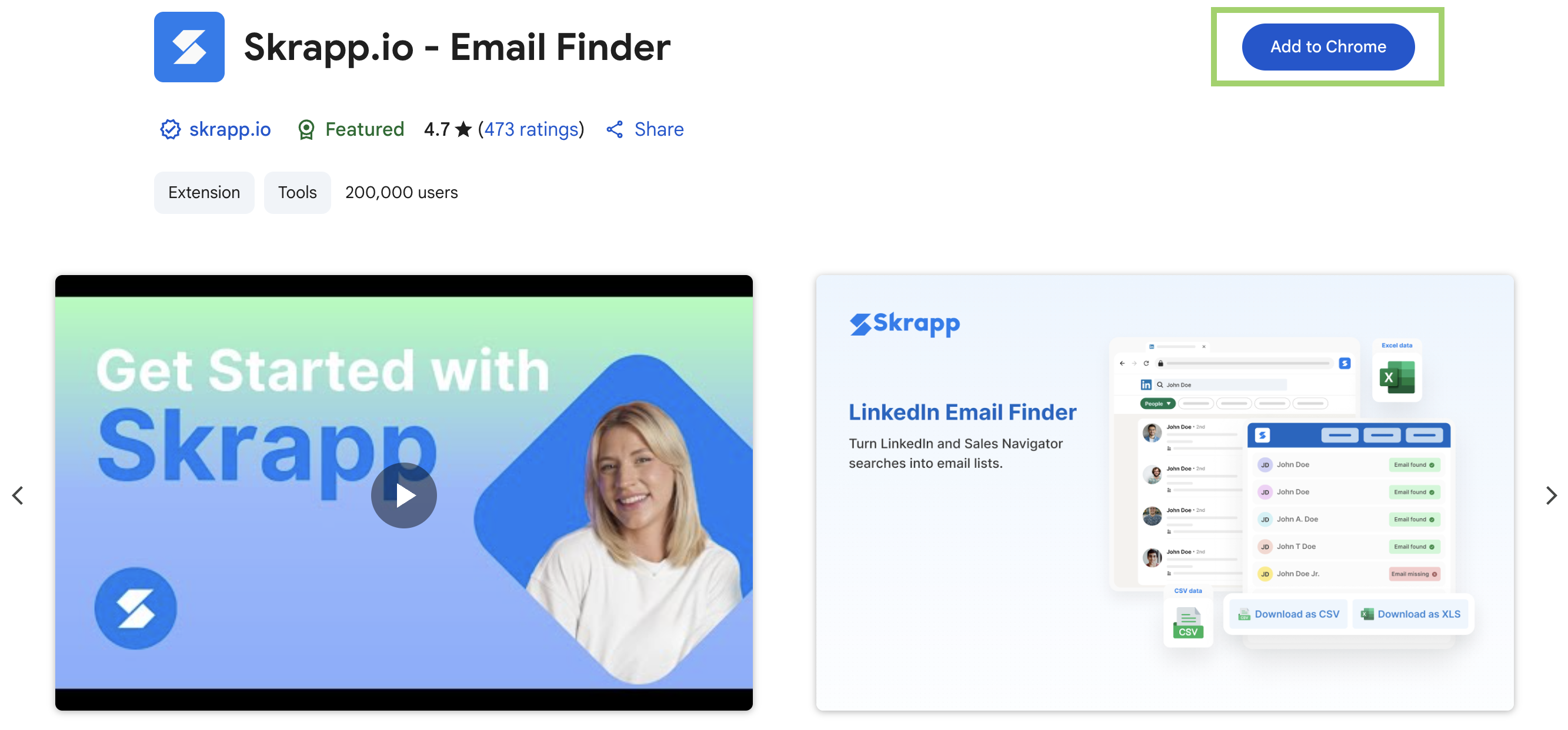 Skrapp.io Chrome Store Page