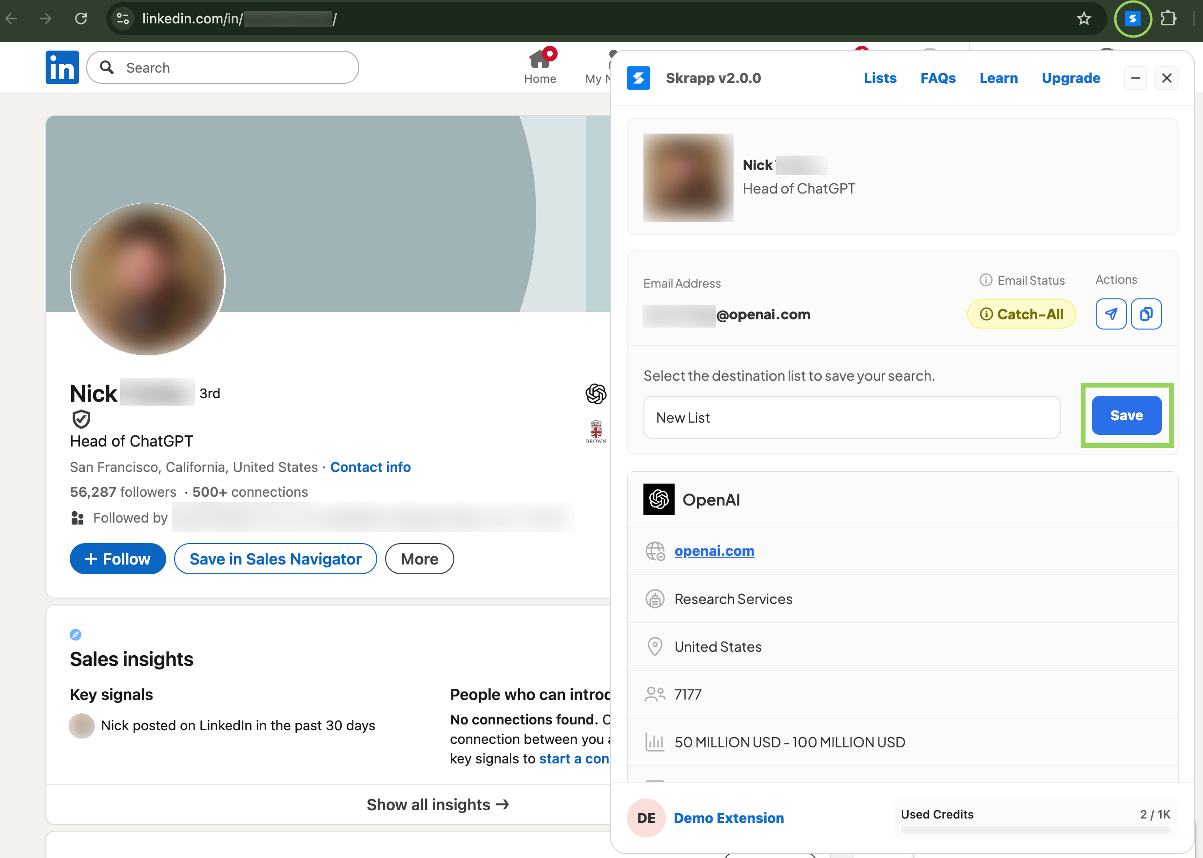 Skrapp.io Extension LinkedIn Profile Integration
