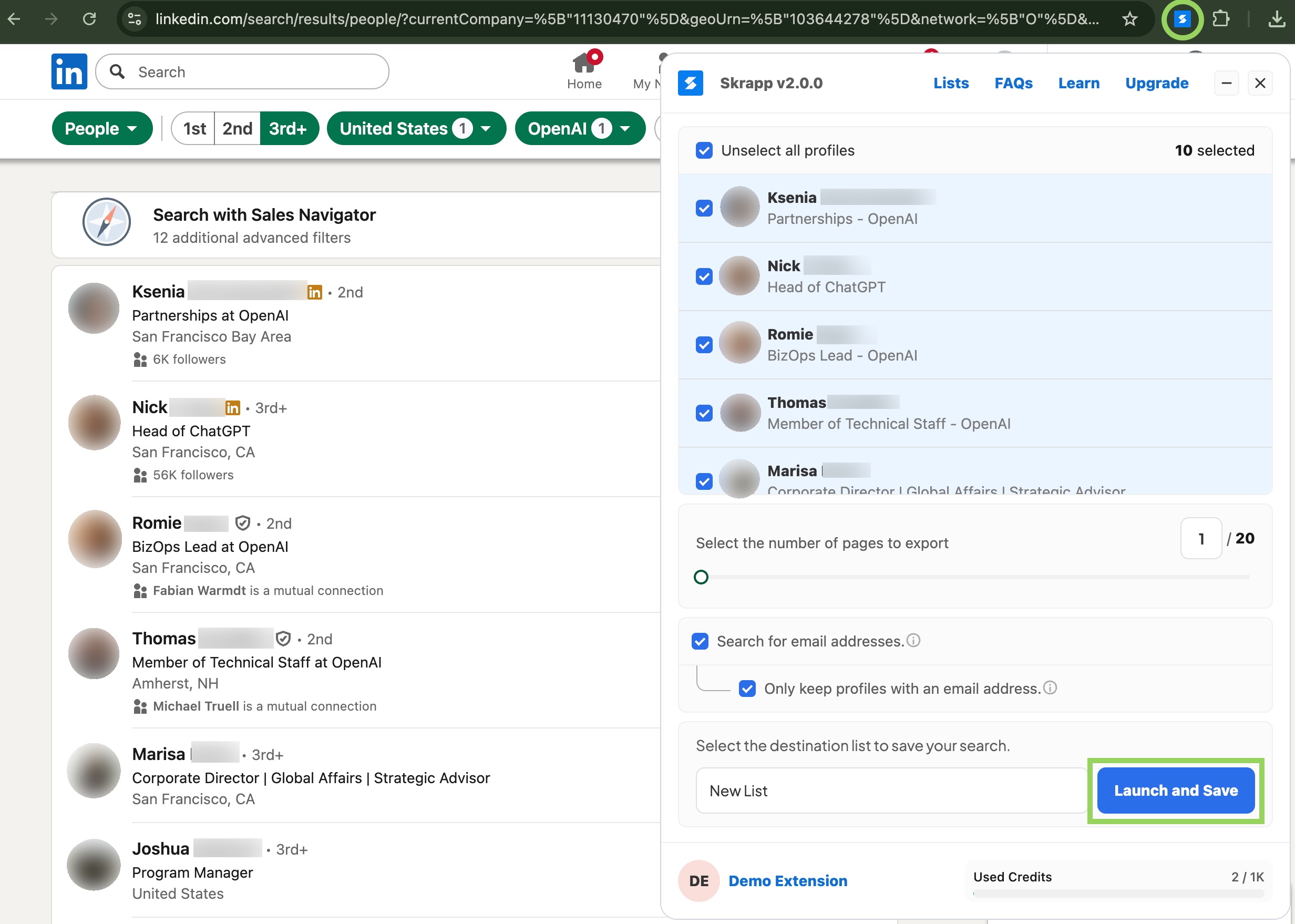 Skrapp.io Chrome LinkedIn Search Integration