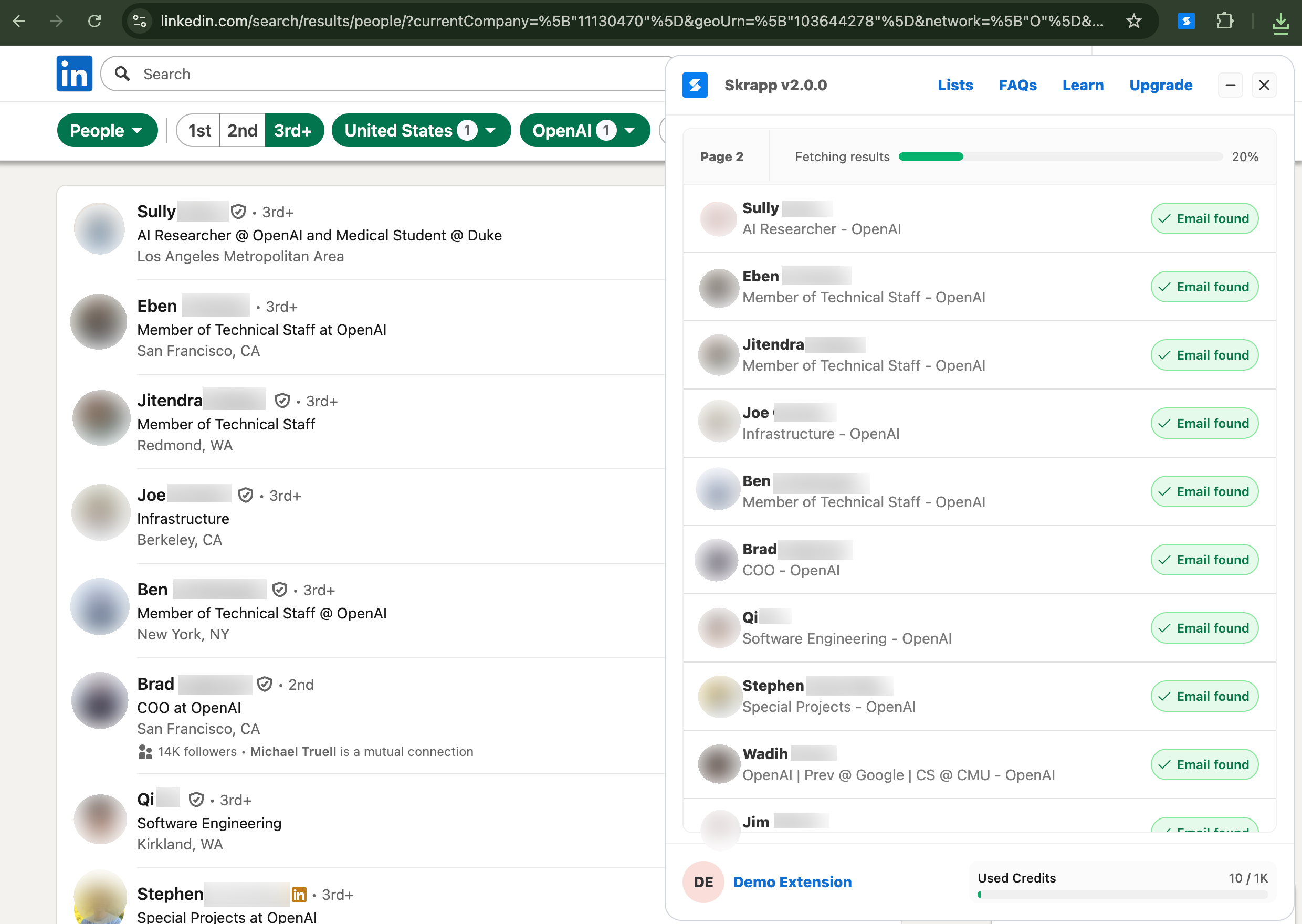 Skrapp.io Chrome Extension Enriching LinkedIn Search Results